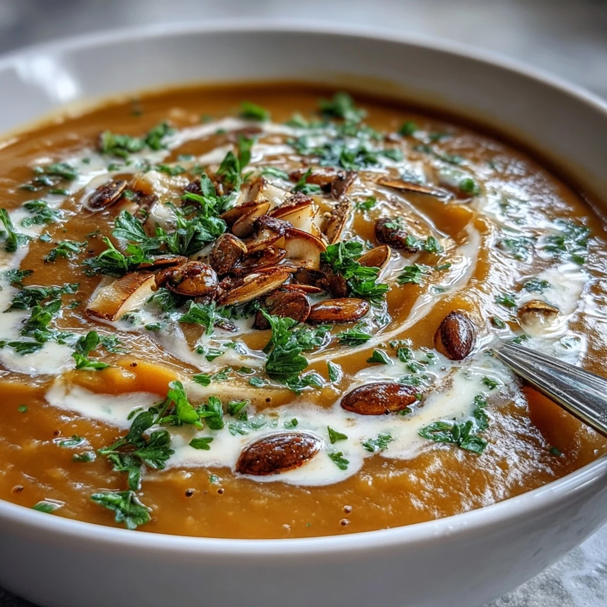 Goldgelbe Butternut-APFEL-Suppe, warm und tröstlich, bereit zum Genießen mit Freunden.