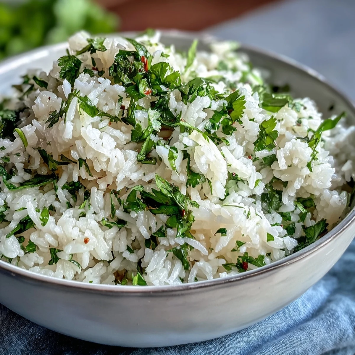 Leckerer Koriander-Limetten-Reis, leuchtend grün und fluffig auf einem Teller.