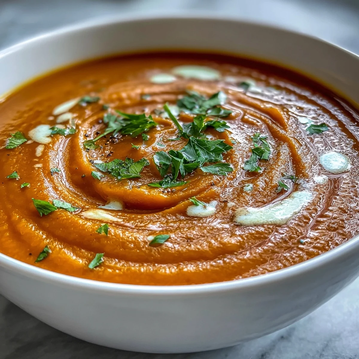 Samtige Karotten-Ingwer-Suppe mit einem Spritzer Zitrone und frischen Kräutern.