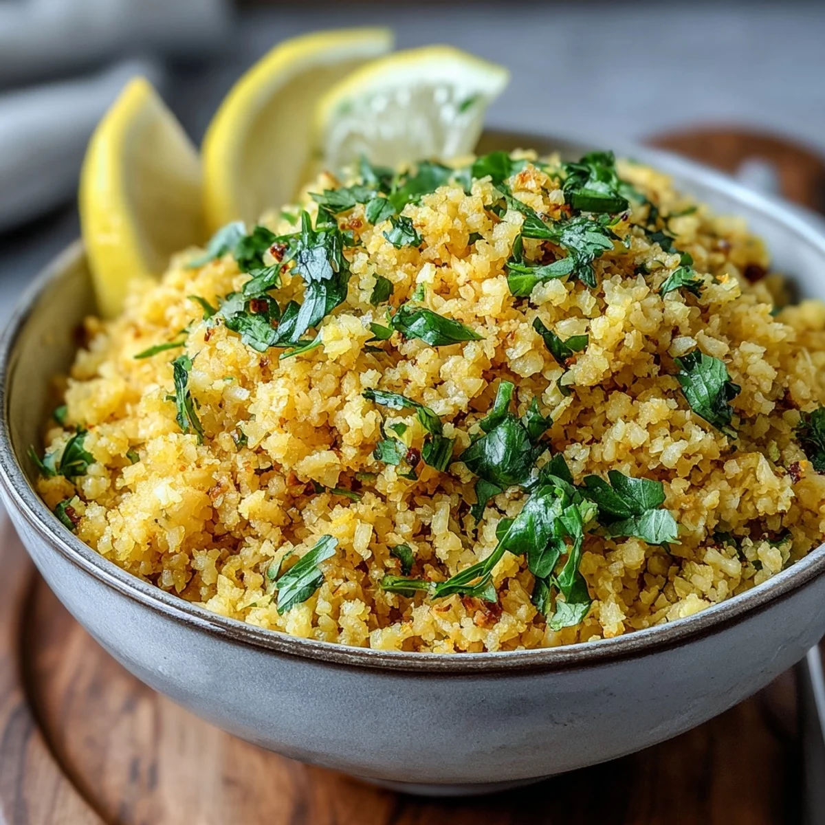 Goldene Turmeric Blumenkohl Reis, aromatisiert mit Zwiebeln und Knoblauch, garniert mit frischem Koriander und Zitronensaft.
