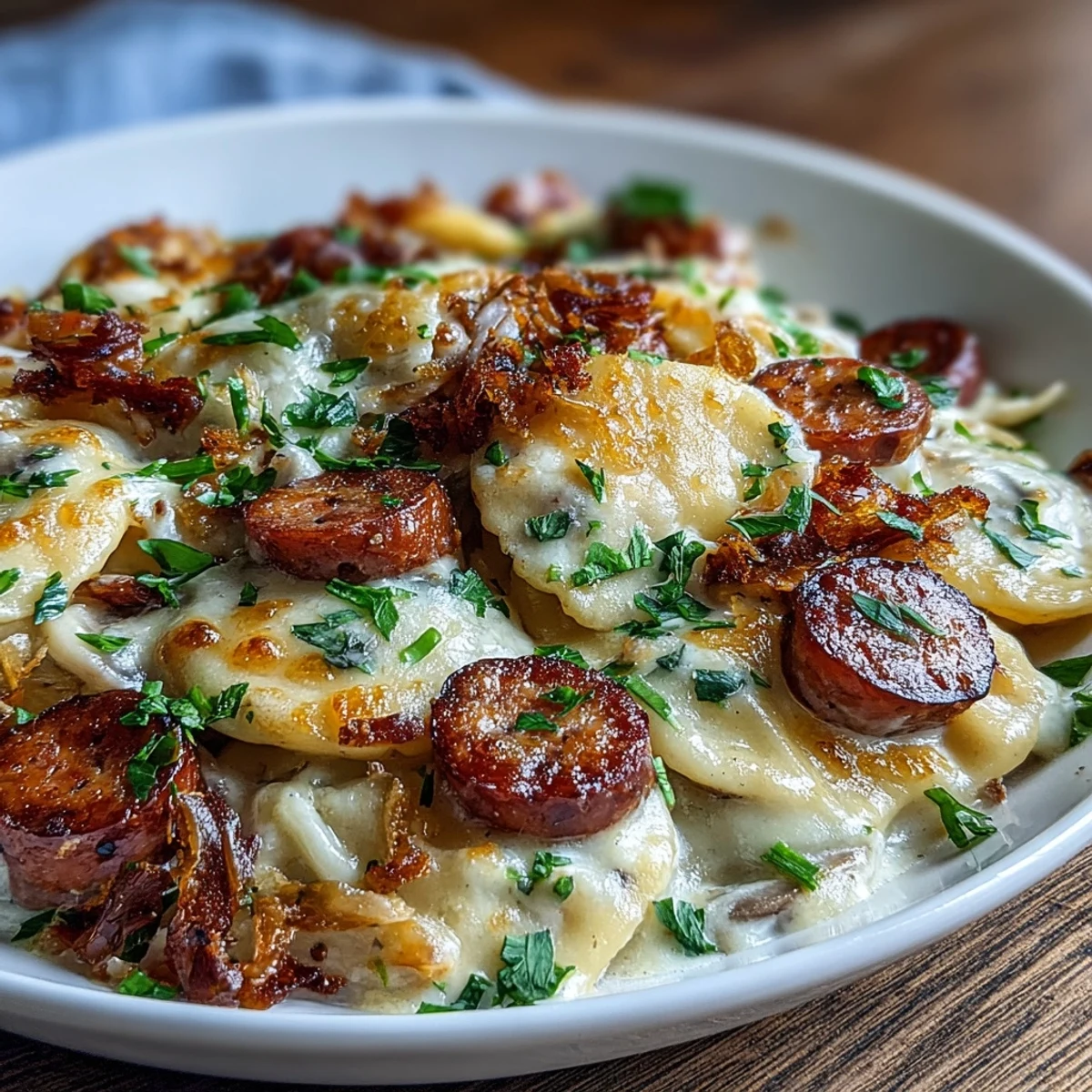 Crockpot Pierogi Casserole With Kielbasa mit Käse überbacken in einer Auflaufform serviert. 