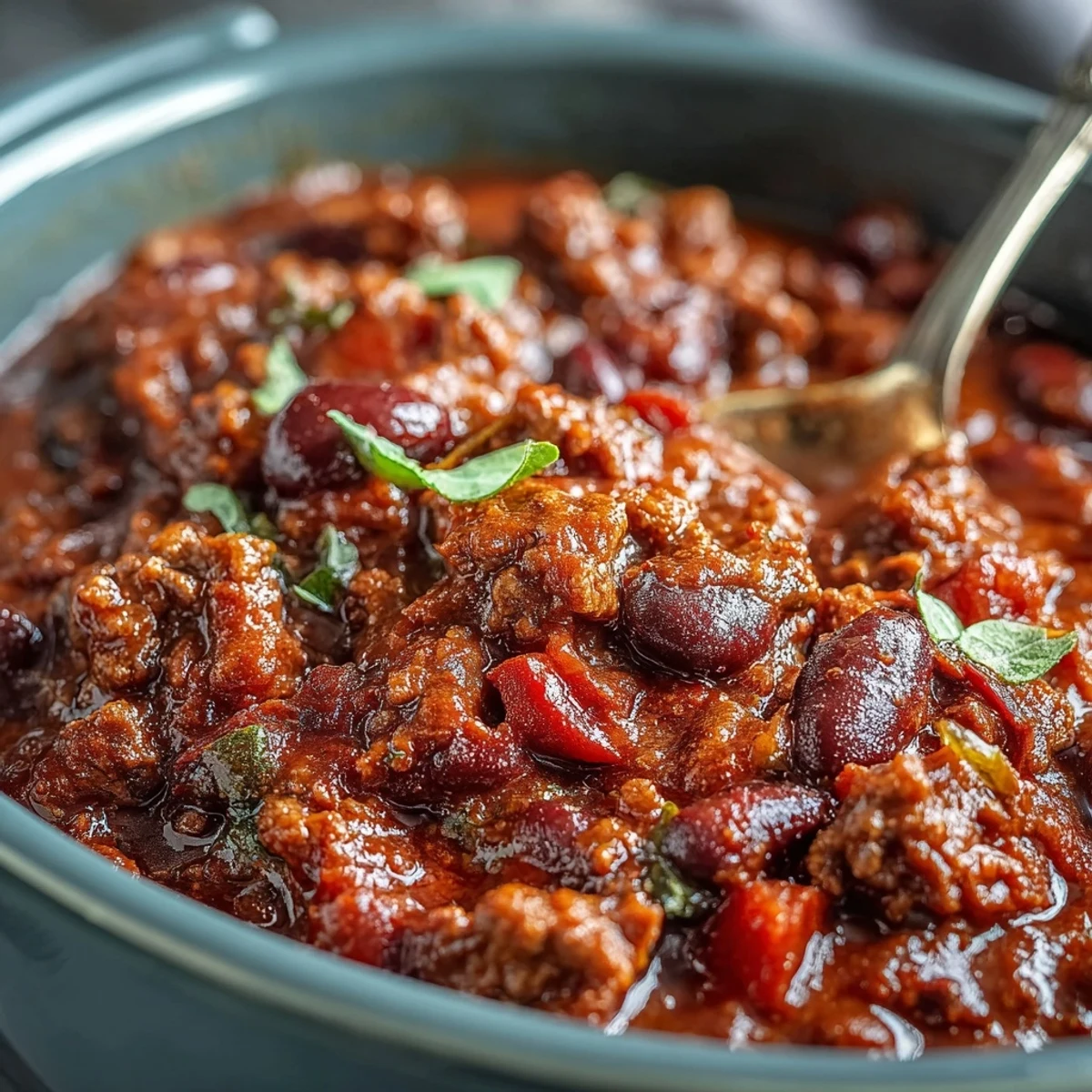 Eine dampfende Schüssel Slow Cooker Chili mit Bohnen und saftigem Rindfleisch, perfekt serviert mit frischem Koriander.