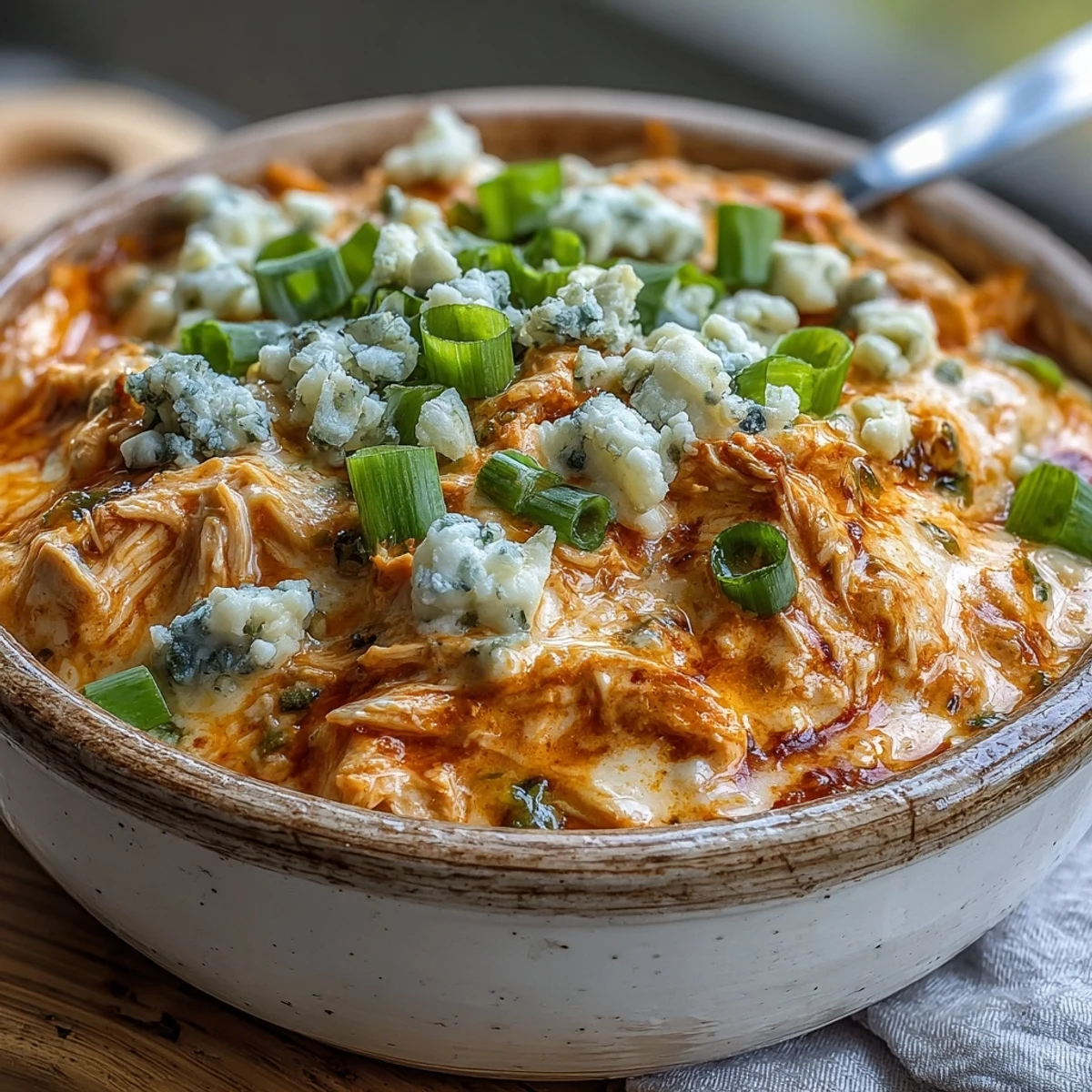 Crock Pot Buffalo Chicken Dip Soup mit gestreuten Hähnchenbruststreifen in cremiger Brühe.