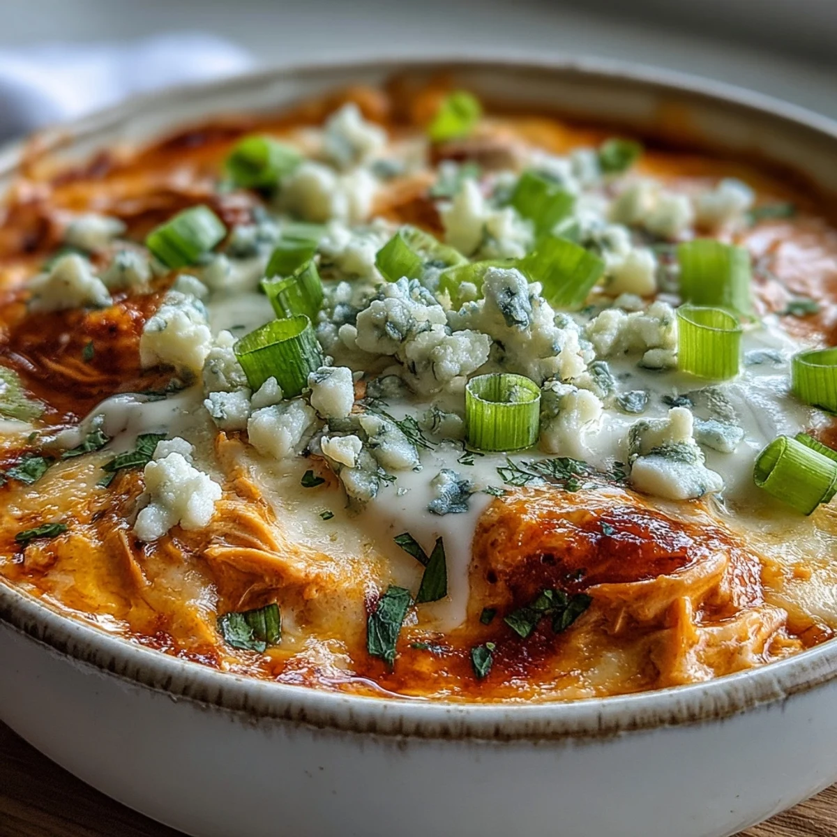 Crock Pot Buffalo Chicken Dip Soup wird mit blauem Käse und frischen Zwiebeln garniert.
