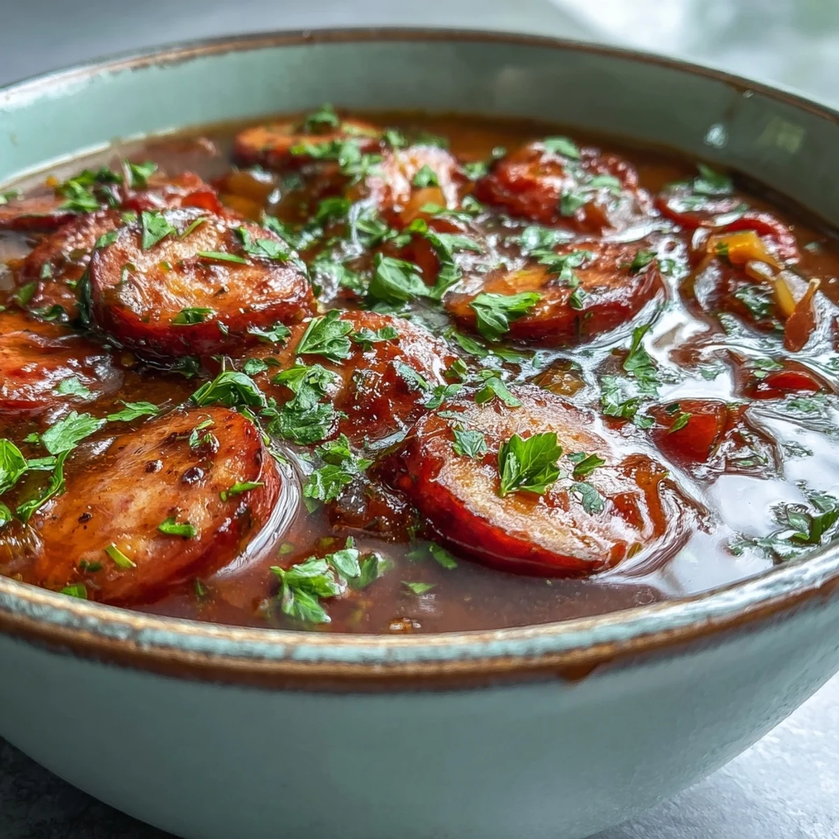 Crock Pot BBQ Cocktail Sausage Soup in a rustic bowl, garnished with parsley and served alongside crusty bread for a hearty meal.
