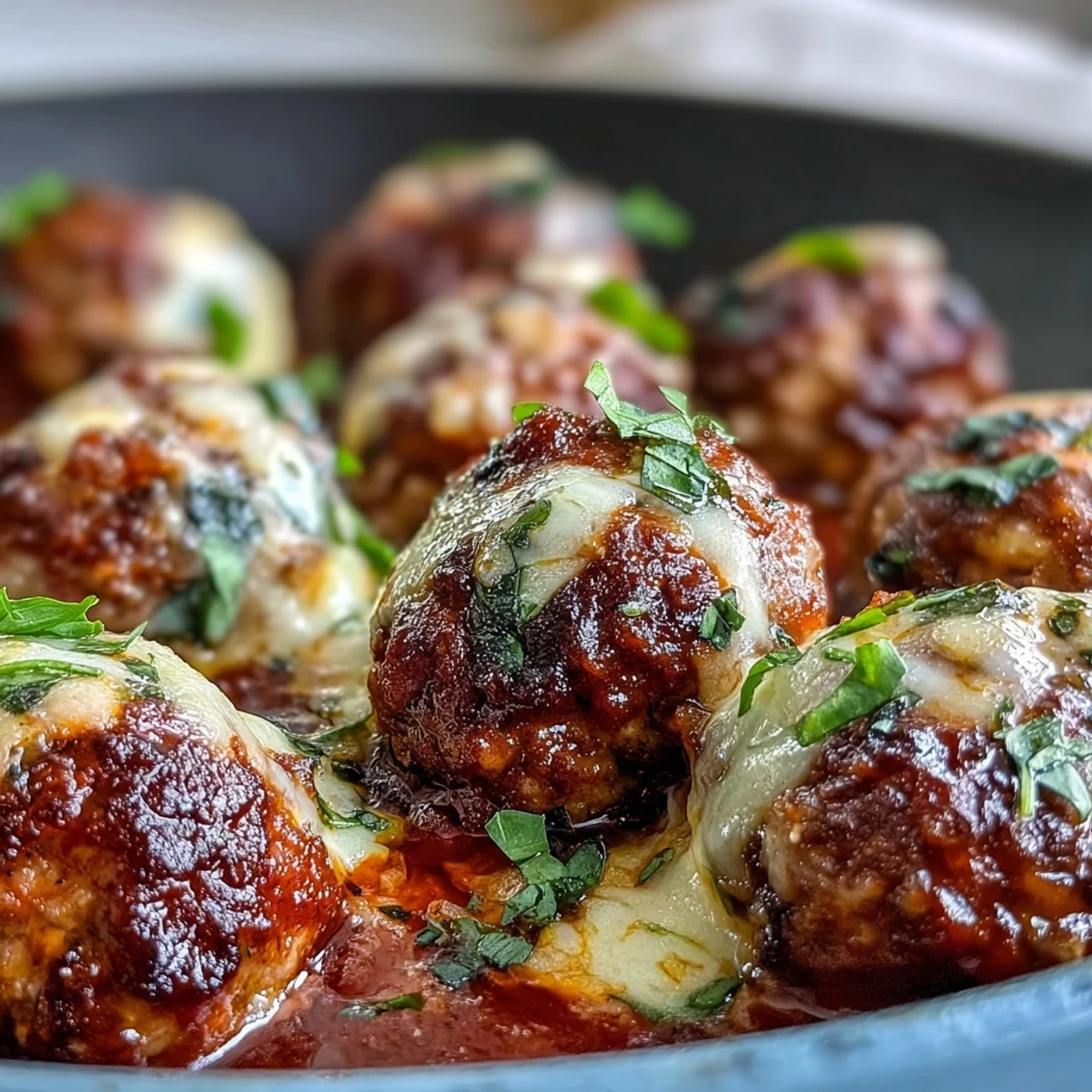 Cheesy, Garlicky Meatballs With Marinara in a white bowl, topped with fresh basil and melted mozzarella, served over gluten-free pasta.
