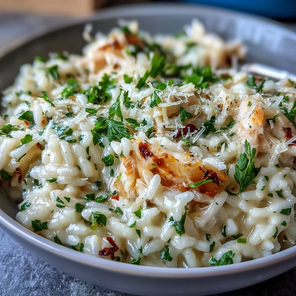 Ein Topf dampfender Smoked Haddock Risotto mit cremiger Arborio-Reis-Basis, zarten Fischstücken und frischen Petersilienblättern als Garnitur.