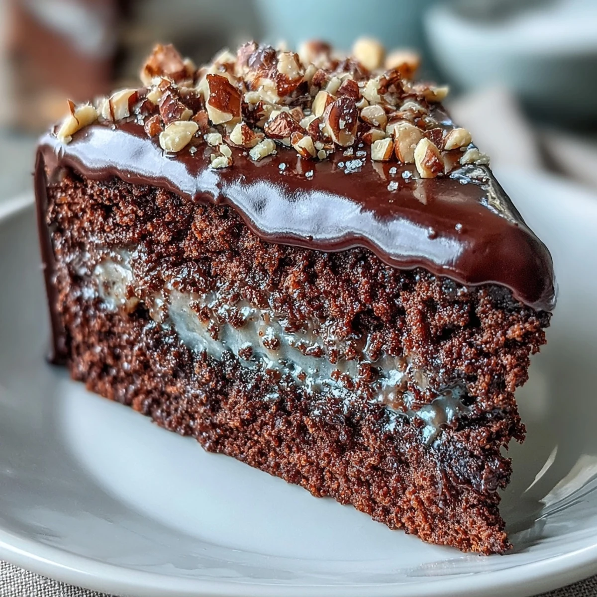 Ein prächtiges Schokoladenfeierwerk, gestapelt mit seidiger Ganache und knuspriger Haselnusspraline auf einem Tortenständer.