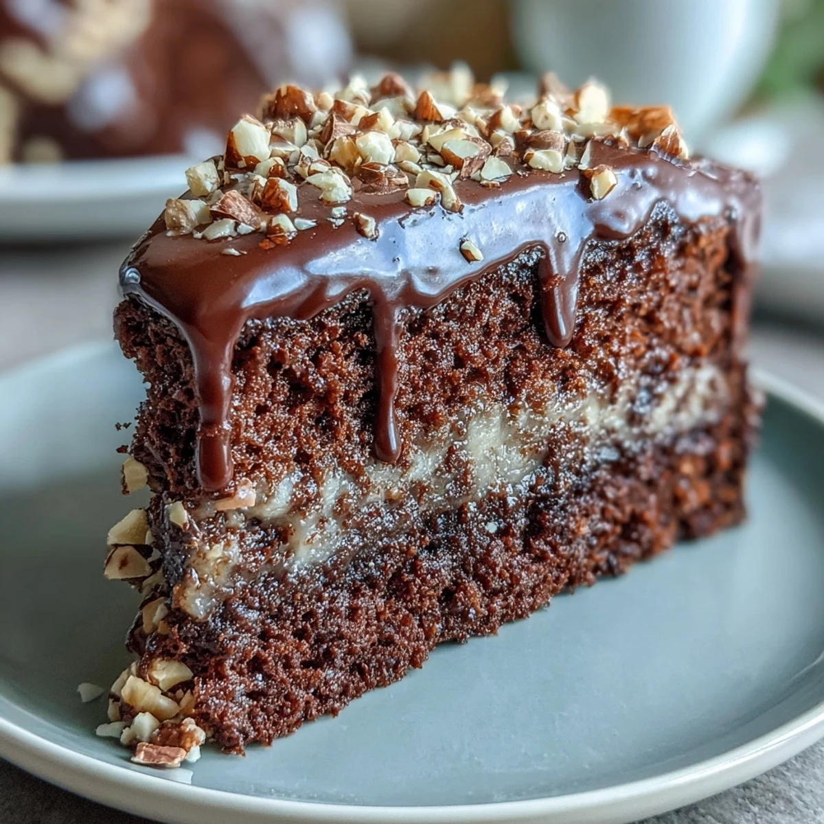 Feierliche Schokoladentorte mit olivenölbasiertem Teig, cremiger Ganache und zerbrechlichen Haselnusspraline-Splittern auf der Oberseite.