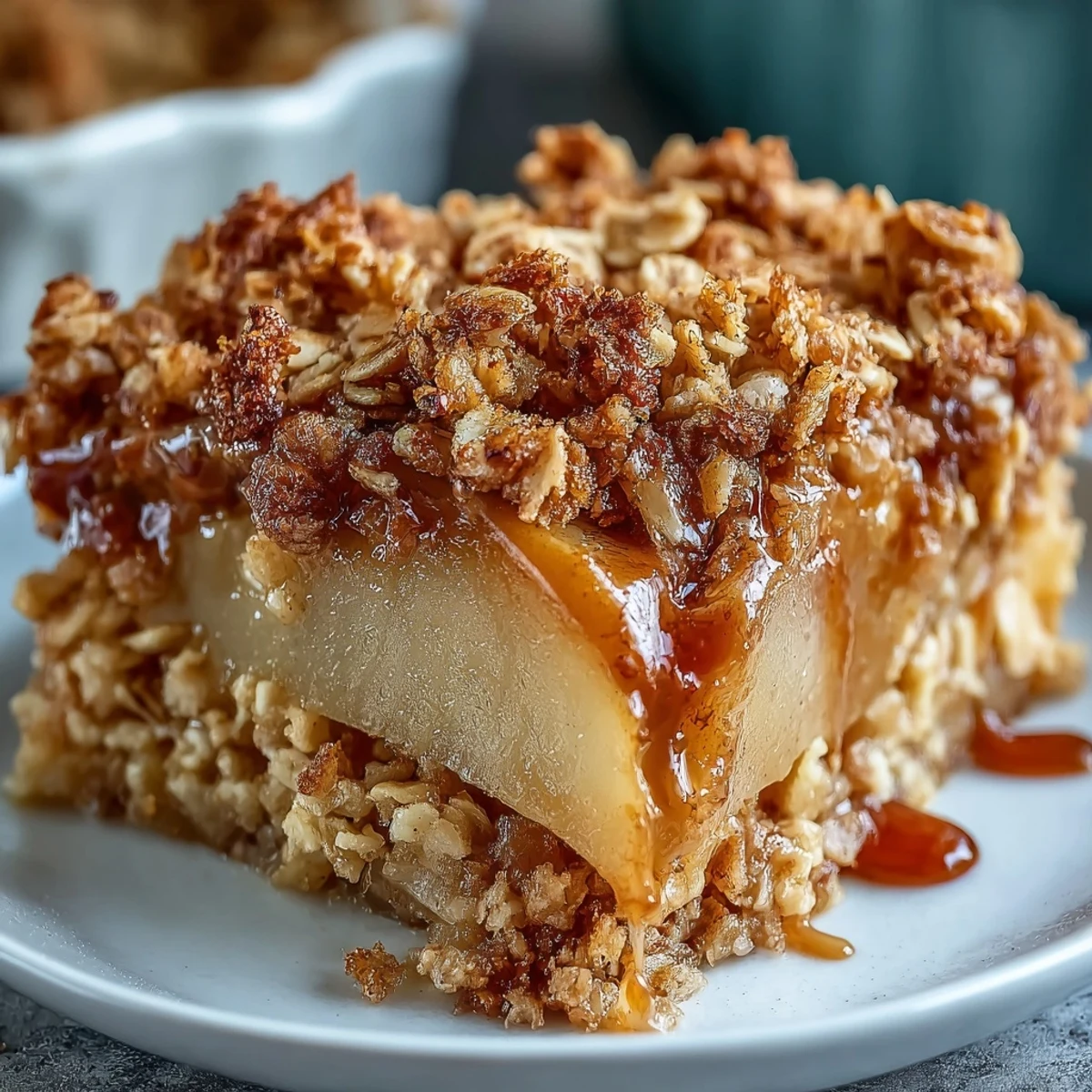 Saftige Birnen unter einer knusprigen Pear Crumble Kruste, perfekt für herbstliche Backabende.