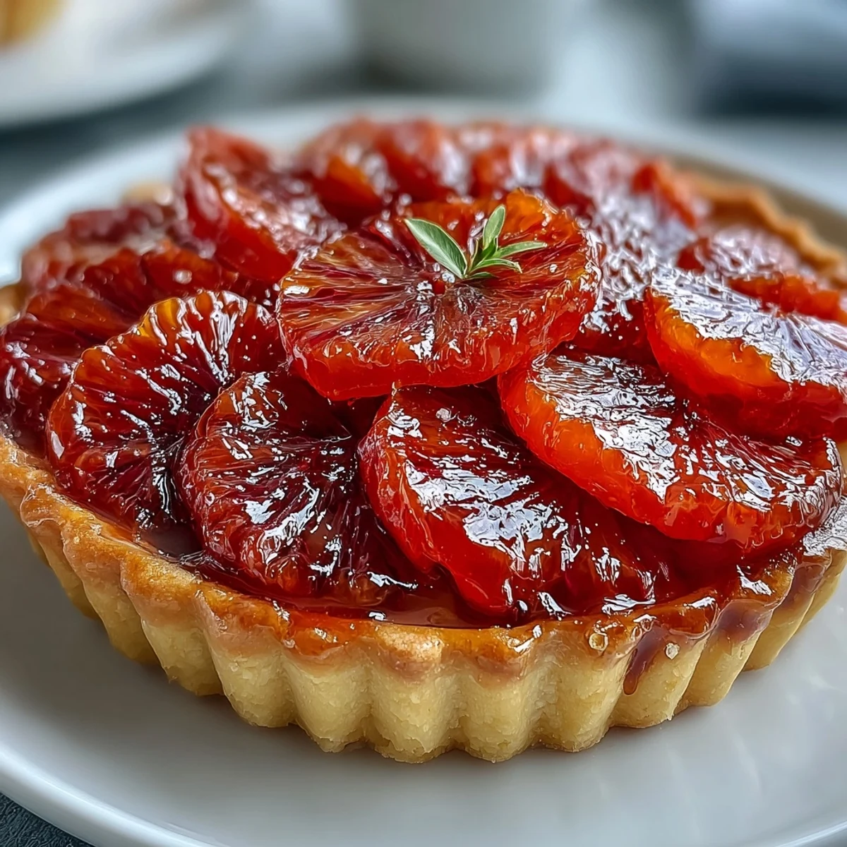 Gestapelte Blood Orange Tarts mit goldbraunen Tartböden und glatter Vanillecreme, perfekt für ein rustikales Dessertbrett.