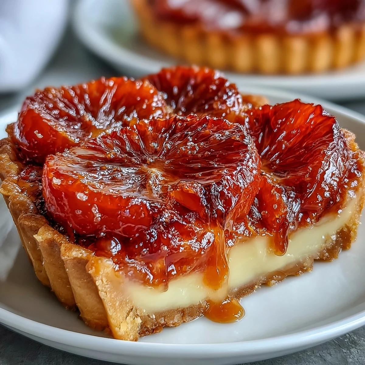 Hausgemachte Blood Orange Tarts mit cremiger Füllung und schimmernder Orangen-Scheibe, serviert auf blau-weißem Teller.