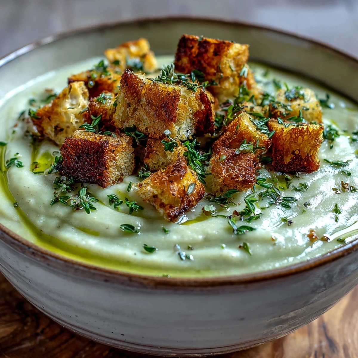 Warm Cauliflower and Broccoli Soup ladleful with creamy texture, served beside fresh thyme sprigs.