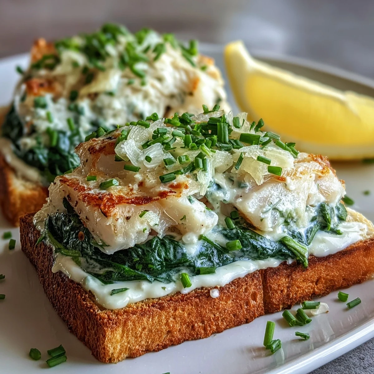 Flaky smoked haddock with wilted spinach and crème fraîche on golden rye toasts.