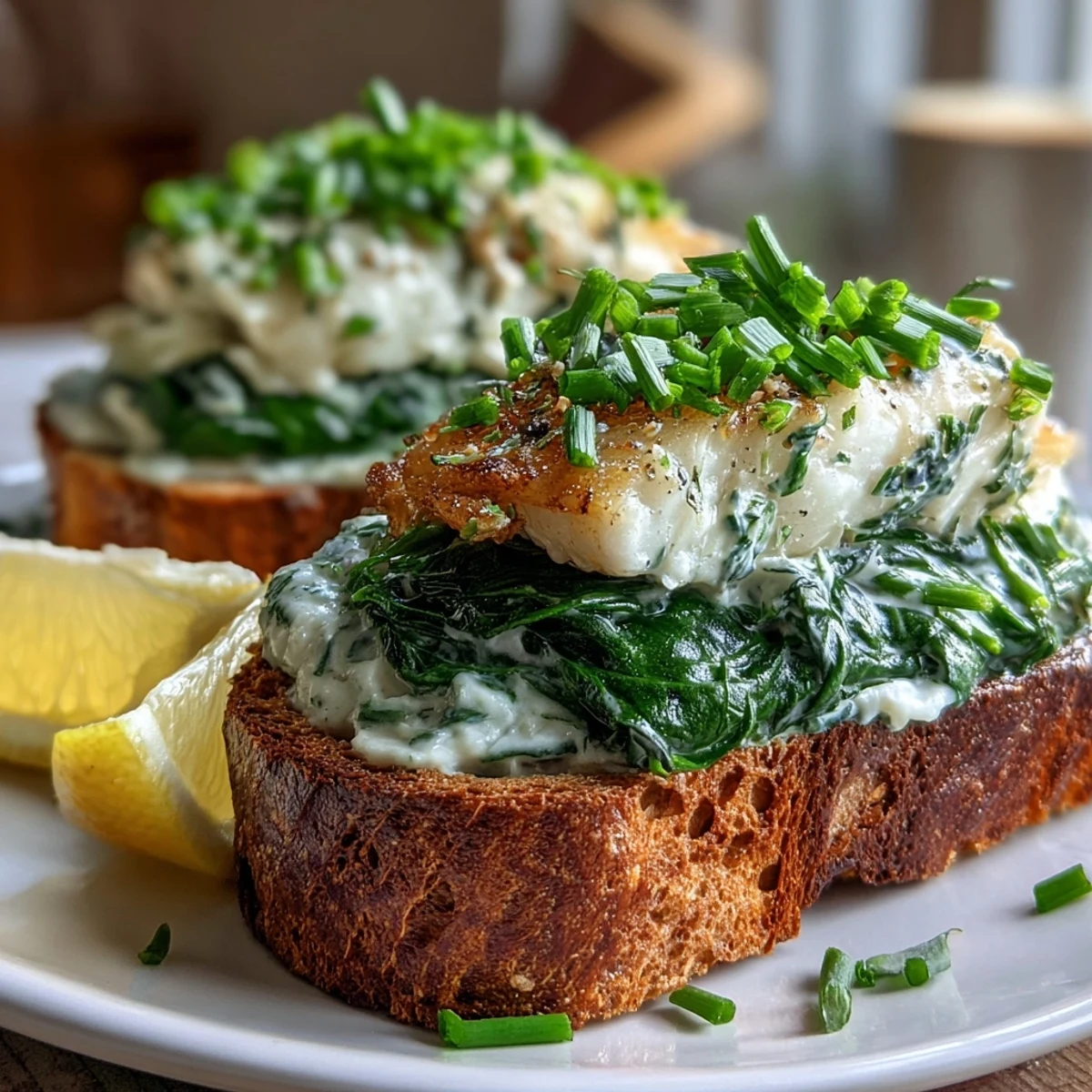 Warm smoked haddock and spinach mixture on toasted rye for a quick breakfast.