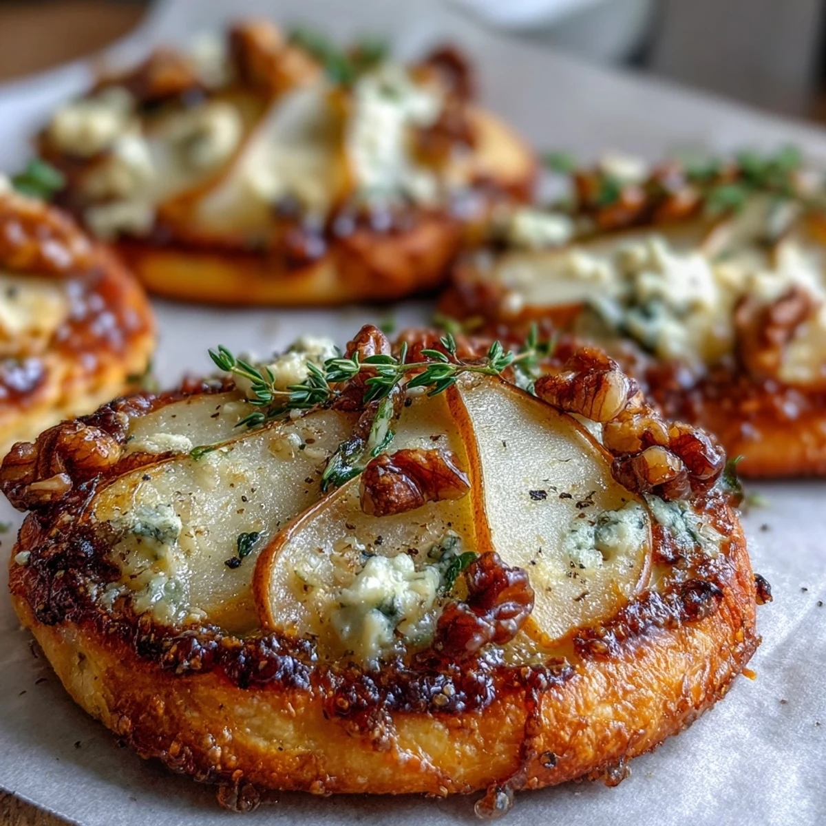 Feine Mini-Pizzen mit Birnenscheiben, krümeligem Gorgonzola und würzigen eingelegten Walnüssen auf knusprigem Teig, frisch aus dem Ofen serviert.