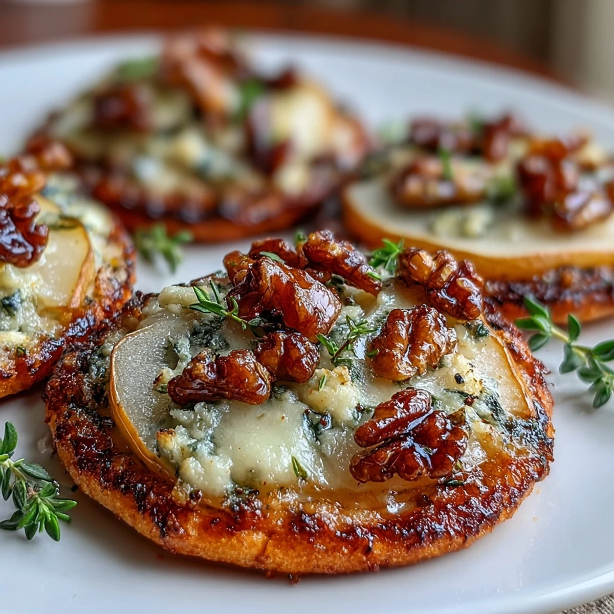 Knusprige, goldene Mini-Pizchen beladen mit cremigem Gorgonzola, saftigen Birnenscheiben und eingelegten Walnüssen – perfekt für ein raffiniertes Vorspeisen-Tableau.
