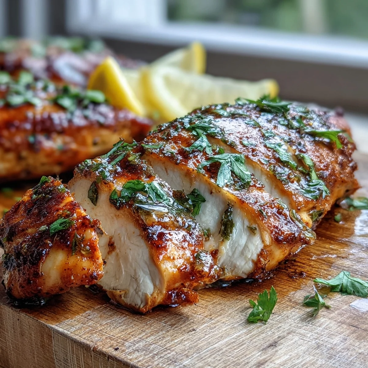 Ein leckeres, saftiges Oven Baked Chicken Breast gebacken mit Gewürzen und Zitronenscheiben auf einem Backblech.