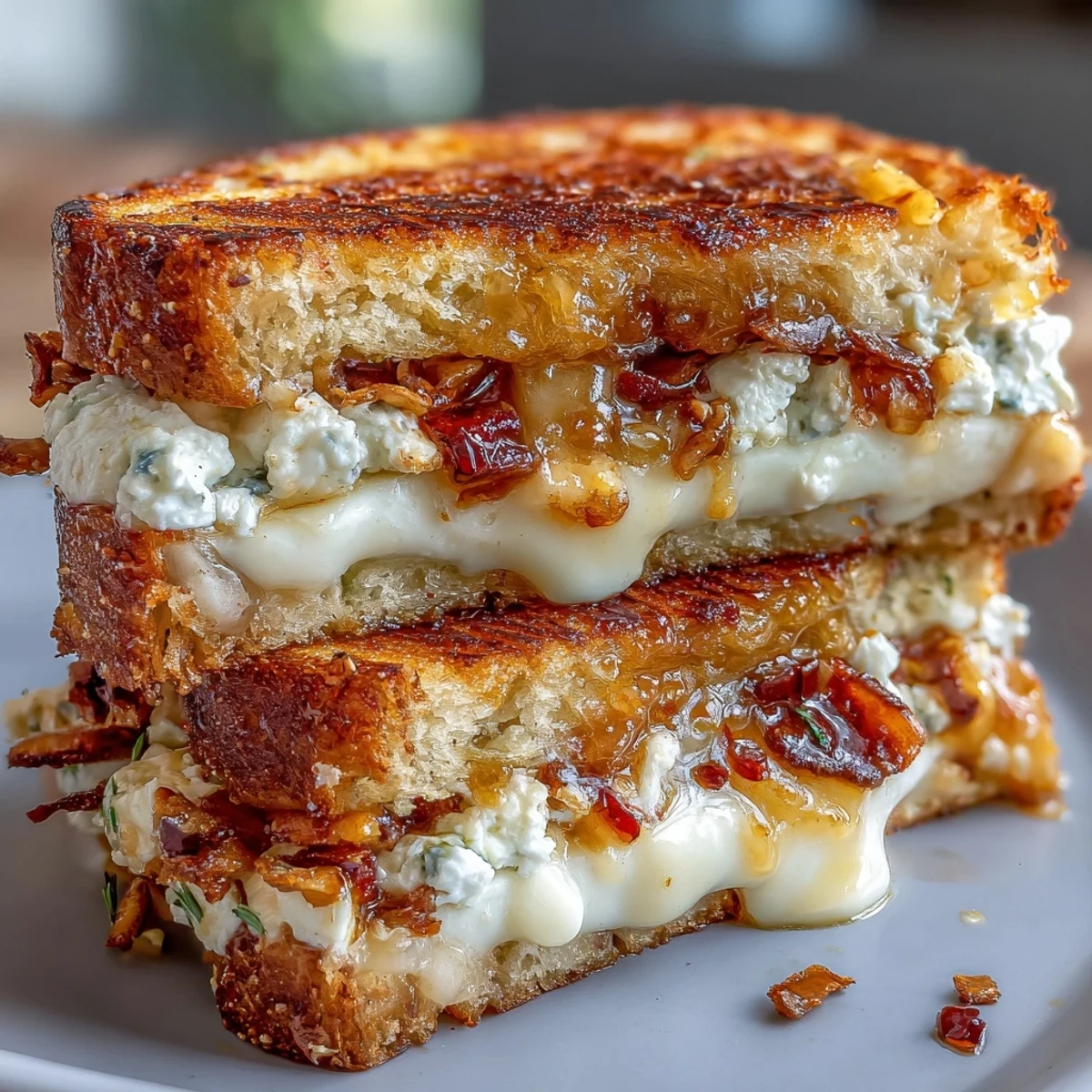 A close view of Goat Cheese Grilled Cheese with Honey & Chili Flakes, garnished with chili flakes and herbs.