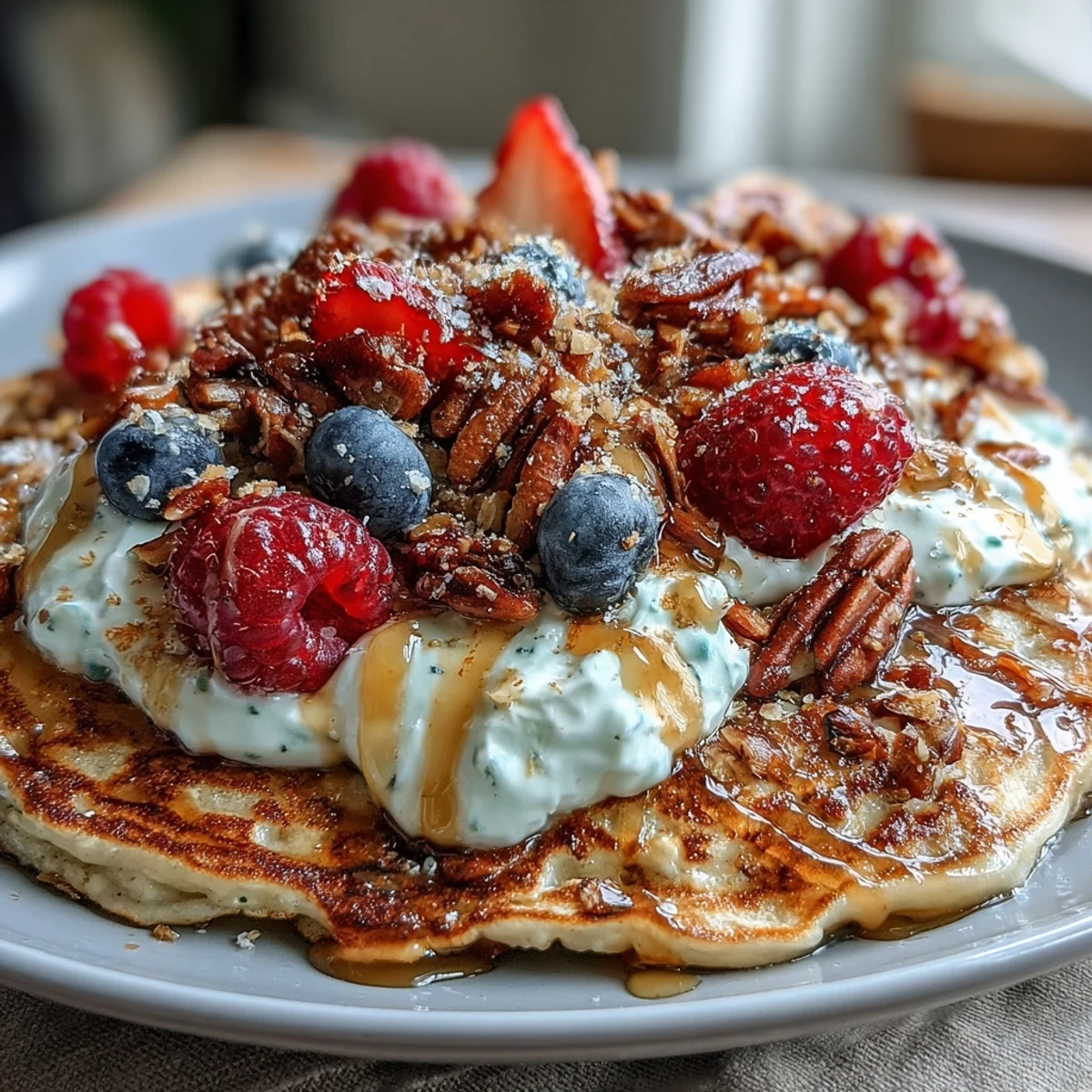 Hochproteine-Pancake-Bowl mit goldenen Pfannkuchen, Bananenstücken, frischen Beeren und griechischem Joghurt.