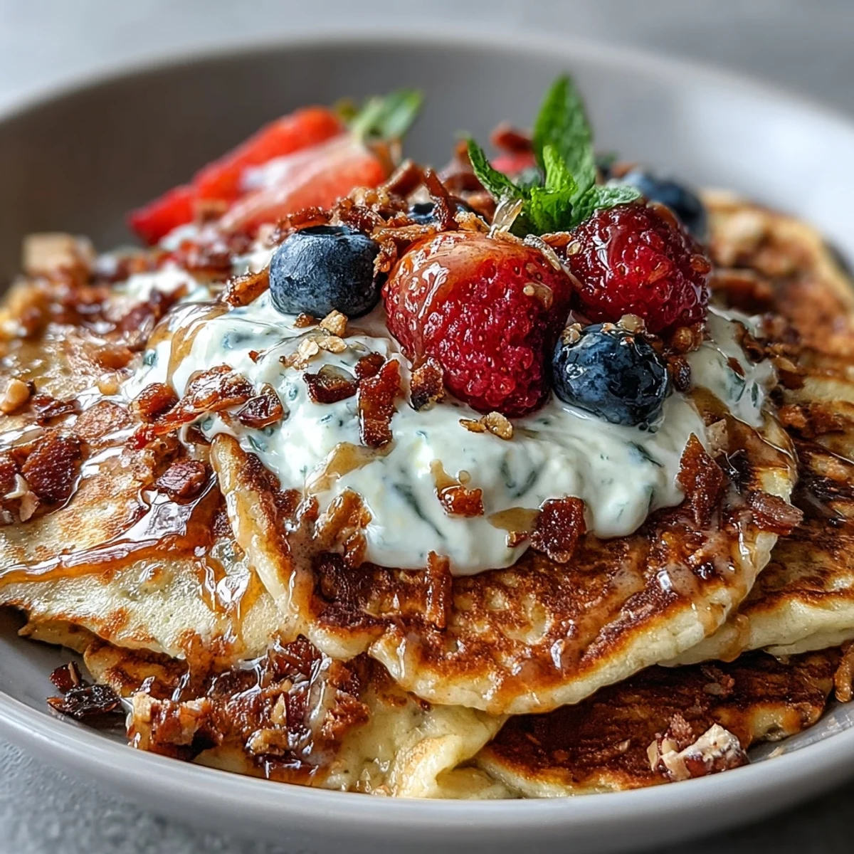 Protein Pancake Bowl mit cremigem Joghurt, Beerentopfung und gehackten Nüssen für den perfekten Start.