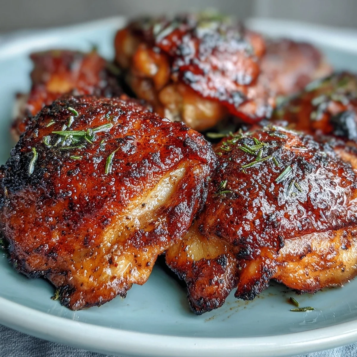 Crispy Baked Bone-In Chicken Thighs with golden crackling skin are served on a baking sheet. 