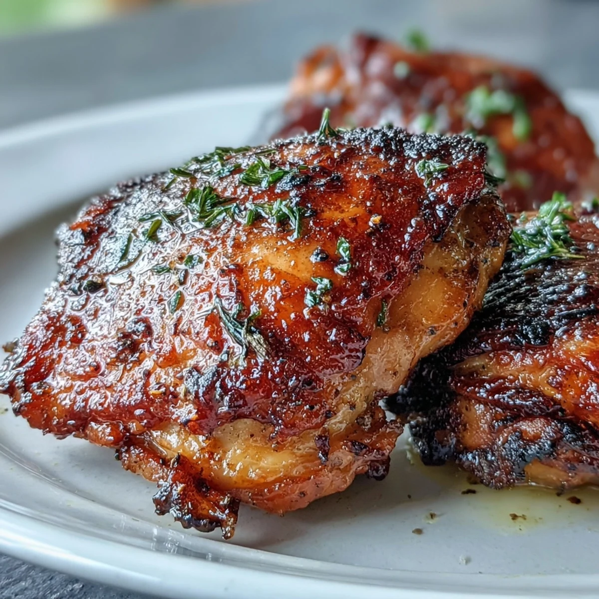 Juicy Crispy Baked Bone-In Chicken Thighs with smoky paprika seasoning arranged on a wire rack.