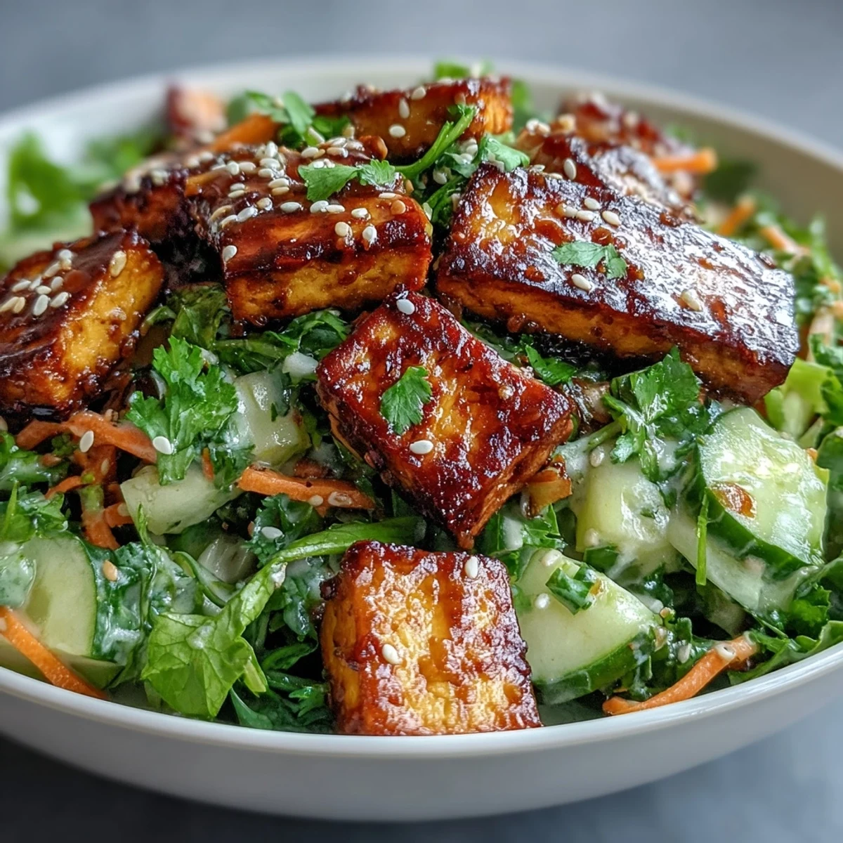 Frisch angerichtete asiatische Gurkensalat-Schüssel mit knusprigem Tofu, grünen Zwiebeln und einem goldenen Dressing.