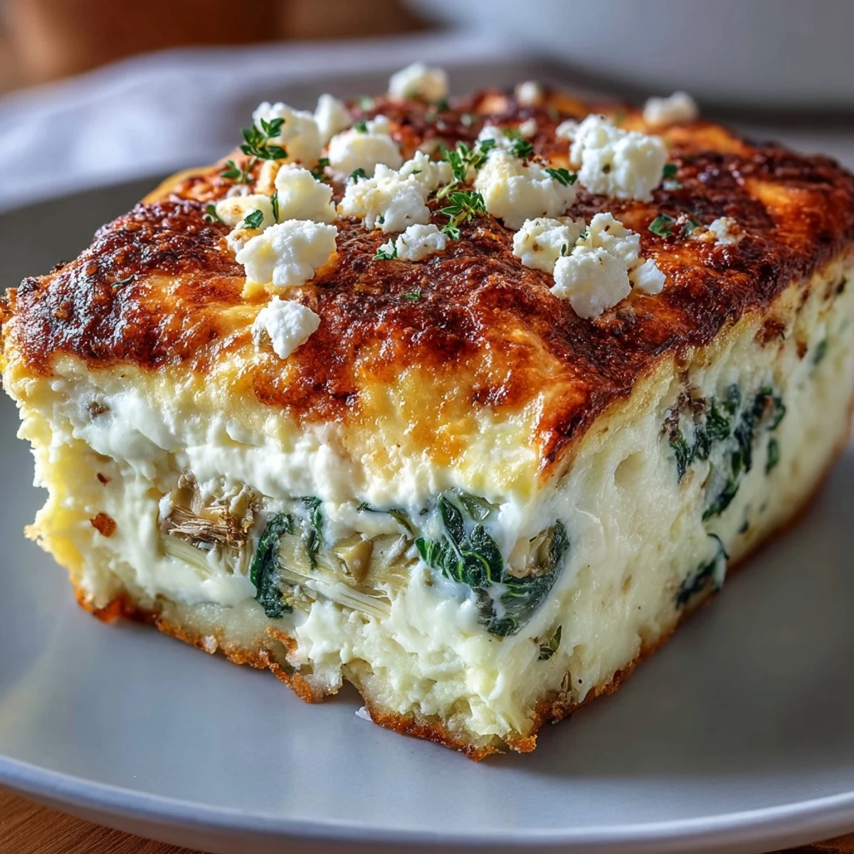 Die High Protein Spinach Artichoke Bake mit goldenem Käsekruste, cremiger Füllung und frischem Spinat auf einer weißen Küchentheke.