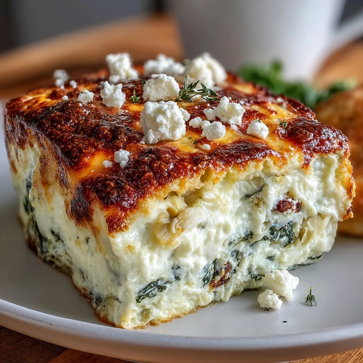 Goldbraun gebackene High Protein Spinach Artichoke Bake auf einem rustikalen Holztisch mit Messer und Gabel zum Servieren.