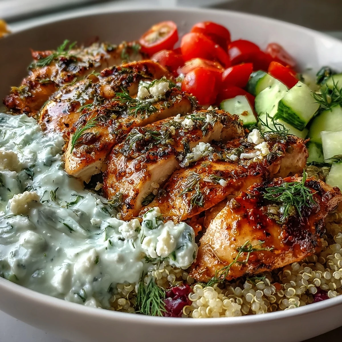 A vibrant Greek Chicken Power Bowl with juicy grilled chicken, fluffy quinoa, and creamy tzatziki.