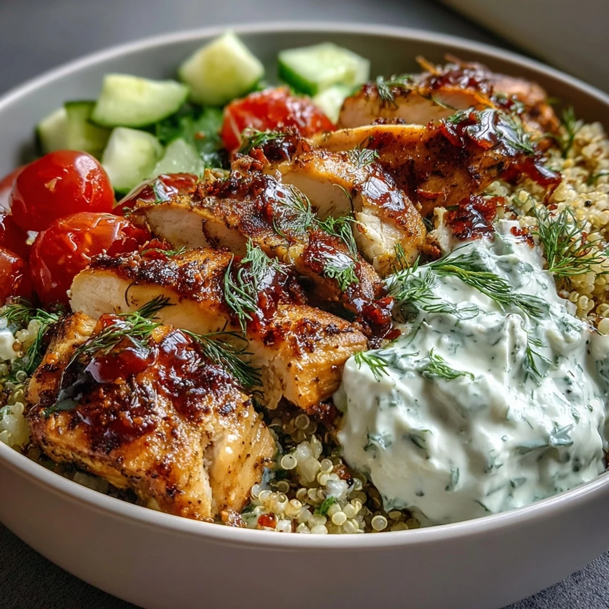 Flavorful Greek Chicken Power Bowl served with lemon wedges, red onion, and dill for garnish.