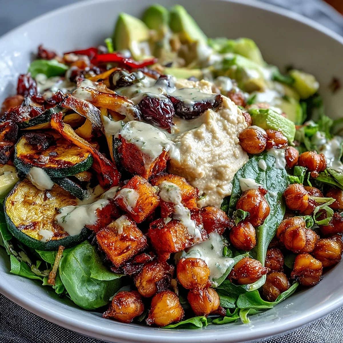 A vibrant Vegan Mediterranean Buddha Bowl with roasted veggies, chickpeas, and tahini dressing ready to serve.