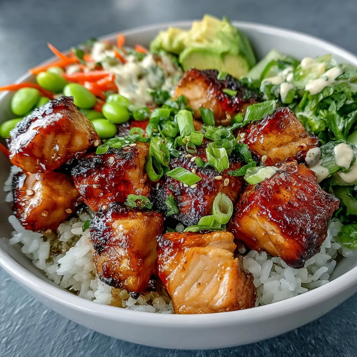 Ein farbenfroher Baked Salmon Rice Bowl mit knusprigem Lachs, fluffigem Reis, knackigem Gemüse und cremiger Avocado.