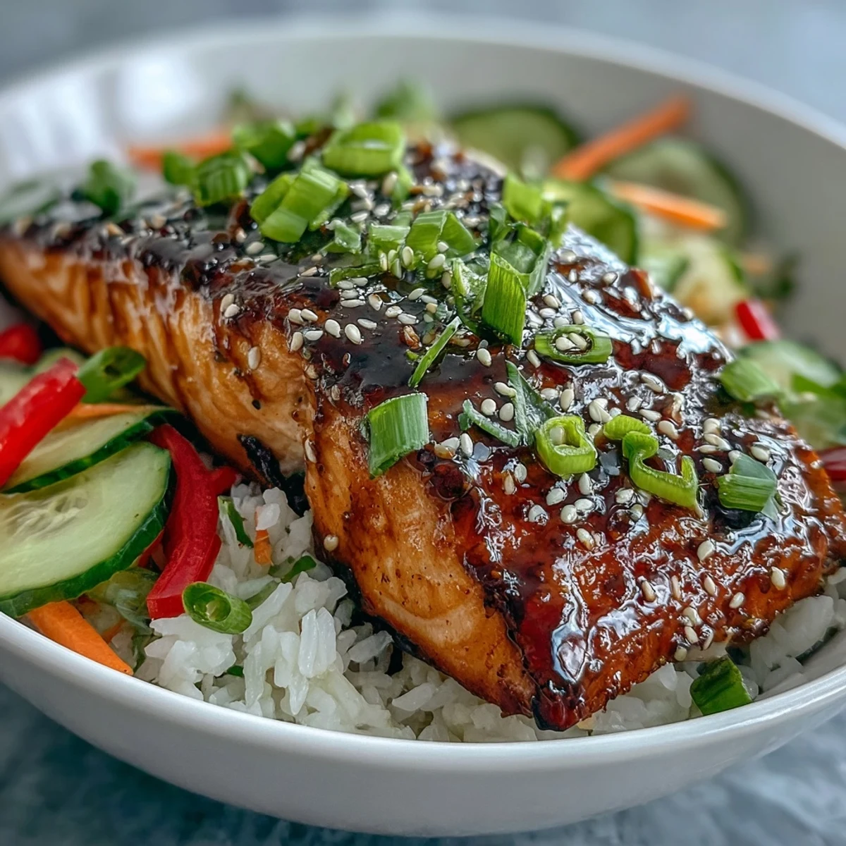Flüssiger Soja-Ginger-Glasur über flachem Lachs im Asian-Inspired Salmon Bowl auf fluffyem Reis und knackigem Gemüse.