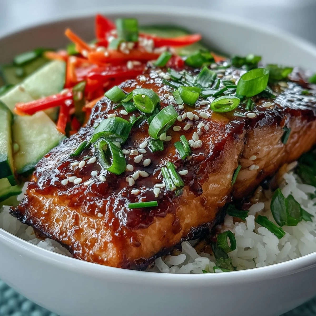 Gesunder Asian-Inspired Salmon Bowl mit Sesamsamen, frischen Sprossen und glasigem Lachs auf dampfendem Jasminreis.