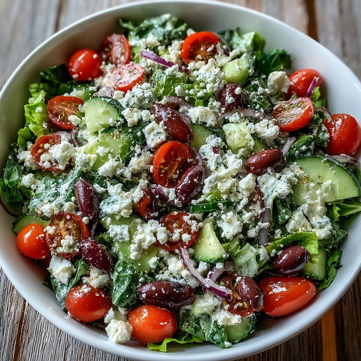 Ein frischer griechischer Salat in einer Schüssel mit knusprigem Römersalat, Feta, Oliven, Gurken und Tomaten auf holzigem Untergrund.