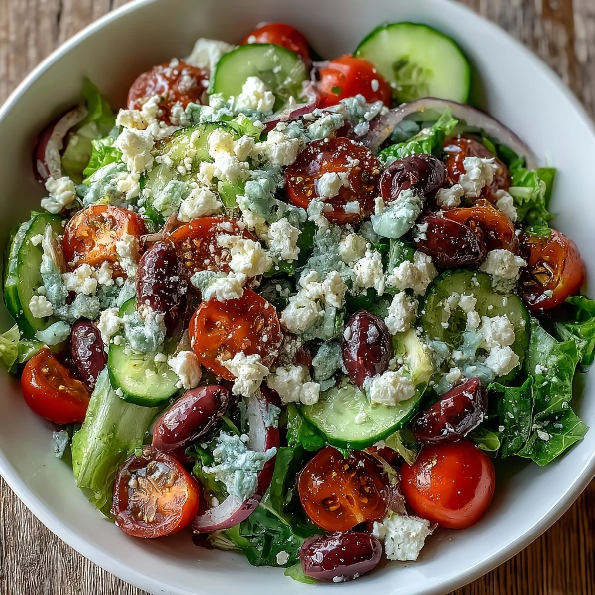 Licht auf diesen griechischen Salat Bowl: knackige Gurken, rote Zwiebeln, Feta und Vinaigrette, so wie man ihn im Freien liebt.