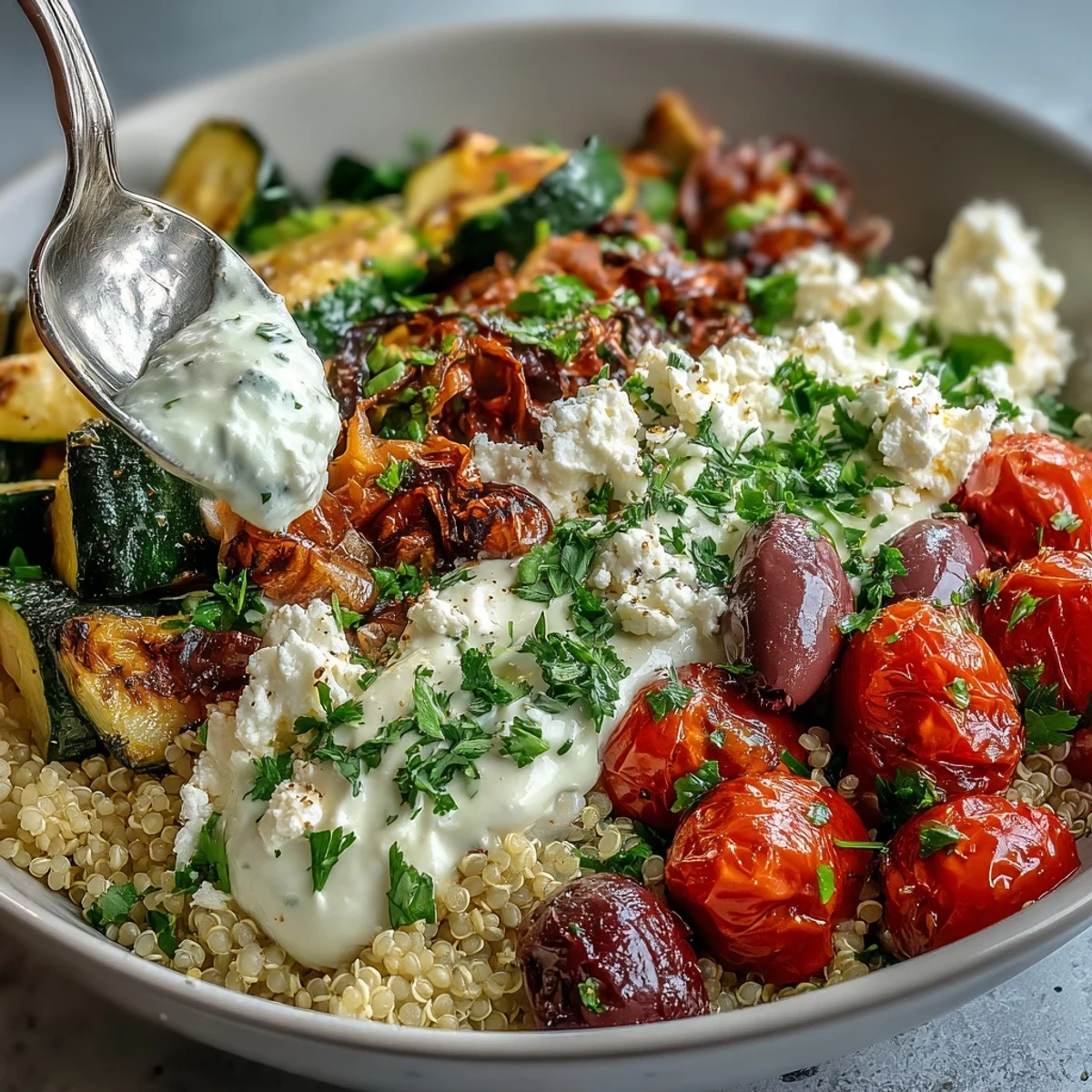 Leckere Mediterrane Buddha Bowl mit knusprigem Gemüse, Oliven und griechischem Joghurt im Schüssel.