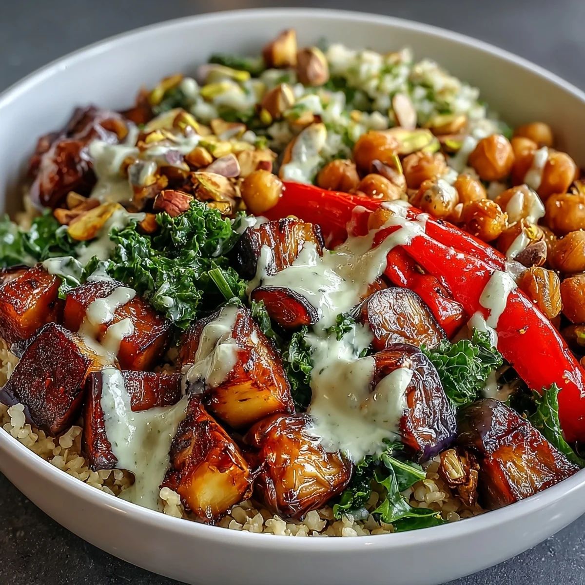 Farbenfrohes Mediterranean Buddha Bowl Meal Prep mit Bulgur-Pilaf, geröstetem Auberginen-Quadrat, knusprigem Kürbis und cremiger Tahini-Sauce für eine gesunde Wochenplanung.