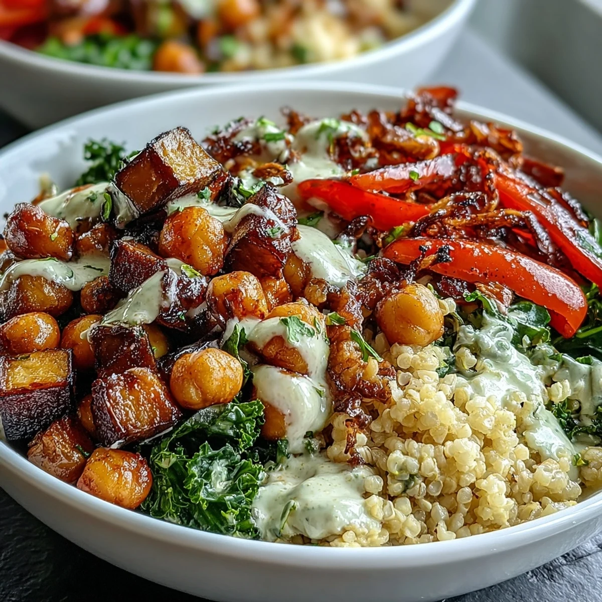 Leckeres Mediterranean Buddha Bowl Meal Prep mit goldbraunem Bulgur, Kürbisscheiben, gedünstetem Grünkohl und knusprigen Kichererbsen, übergossen mit zitroniger Tahini-Soße.