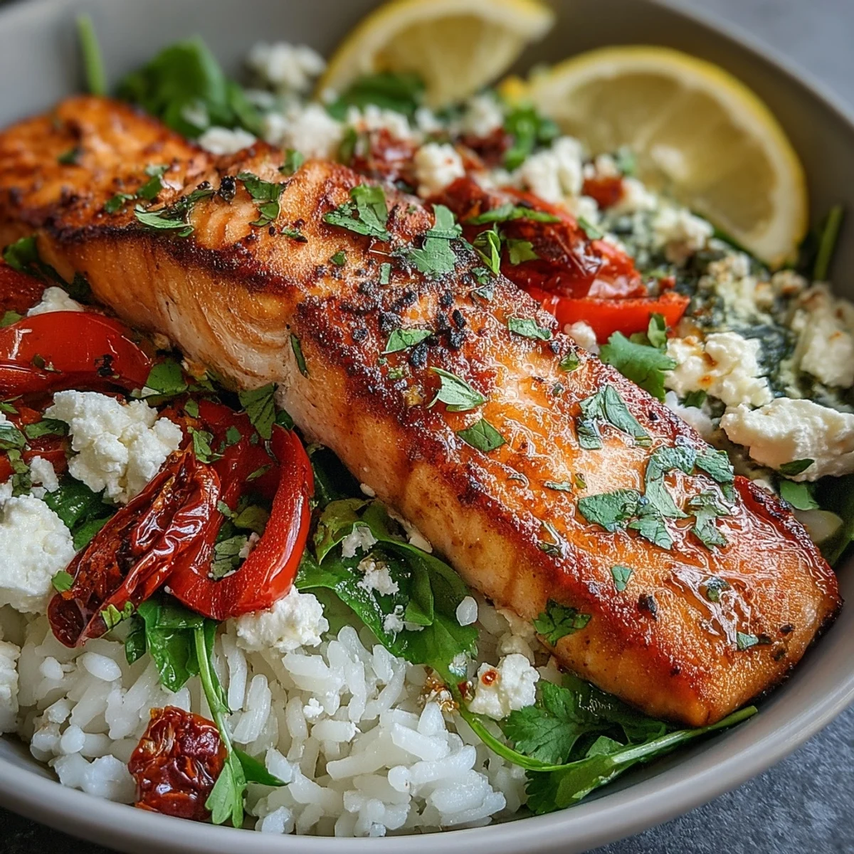 Ein leckeres Mediterranean Salmon Bowl mit knusprigem Lachs, cremigem Feta und frischen Kräutern für ein mediterranes Abendessen.