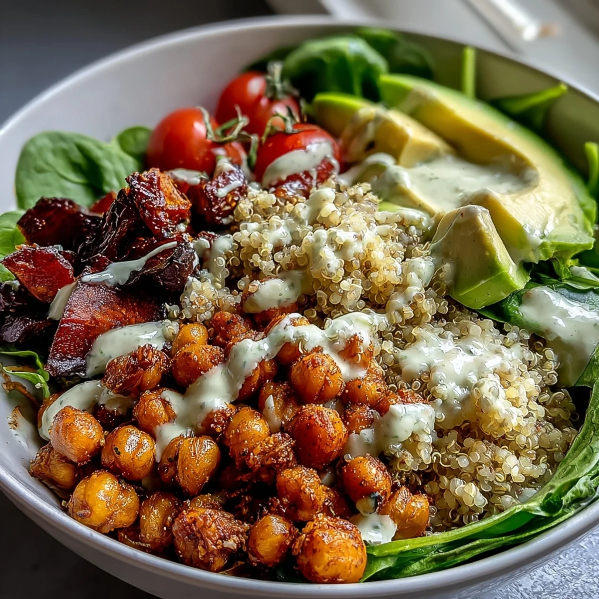 Vibrant Buddha Bowl with Quinoa, roasted sweet potatoes, crispy chickpeas, and fresh veggies topped with creamy garlic tahini dressing.