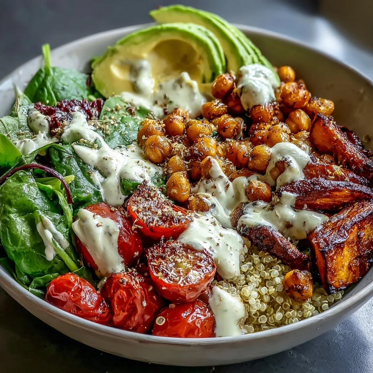 Close-up of Buddha Bowl with Quinoa featuring golden roasted sweet potatoes, crunchy chickpeas, fresh greens, and creamy garlic tahini drizzle.
