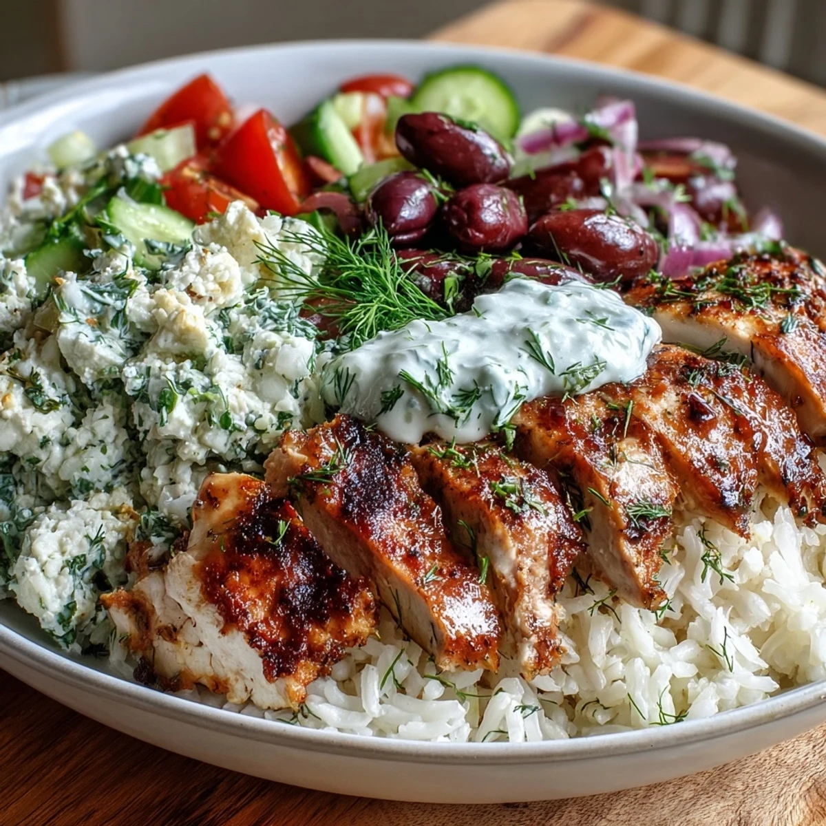 Ein aromatischer Greek Chicken Bowl mit saftigem Hähnchen, duftendem Kräuterreis, knackigem Salat und cremigem Tzatziki, perfekt für ein gesundes Mittagessen.