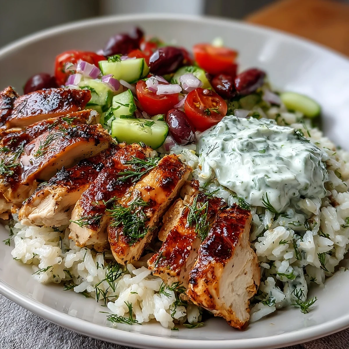 Farbenfroher Greek Chicken Bowl im Stil der Mittelmeerküche, belegt mit goldenem Hähnchen, roten Tomaten, grünen Gurken und einem Klecks cremigem Tzatziki, serviert auf Kräuterreis.