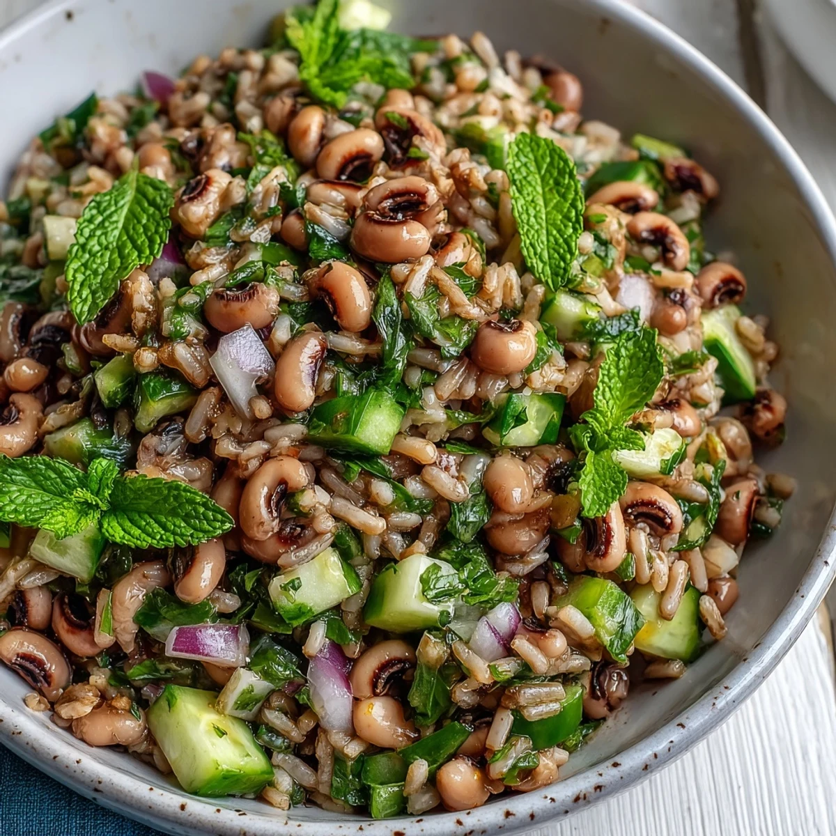 Southern Black Eyed Pea Salad mit frischen Minzblättern und knackigem Sellerie auf hellem Teller.