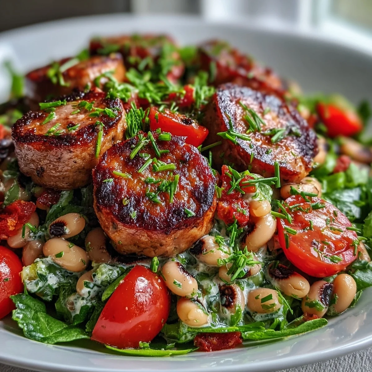 Eine farbenfrohe Hoppin John Style Black-Eyed Pea Salad mit knusprigem roten Paprika und cremigem Dressing auf grünem Bett.