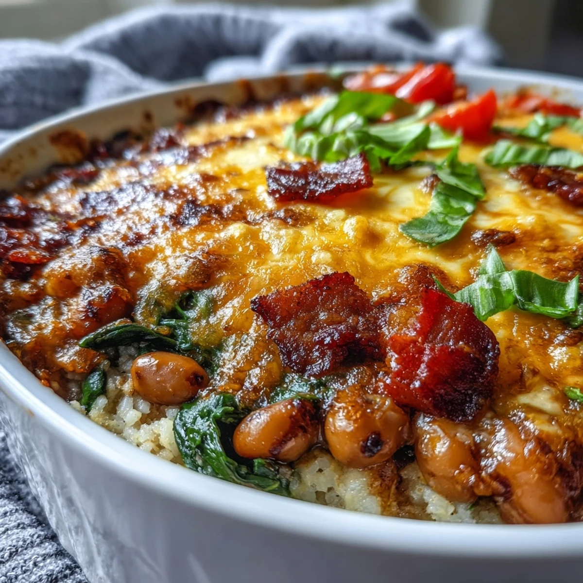 Rusty Tex Mex Black Eyed Pea Casserole emerges from the oven with bubbling cheddar, smoky bacon, and Rotel tomatoes in a rustic baking dish.