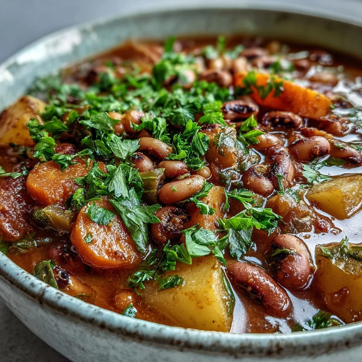 Black-Eyed Pea Stew with Chefs Touch mit saftigen Tomaten, frischem Petersilien-Garnish und dampfendem, kräftigem Gemüseeinlage im Schmortopf.